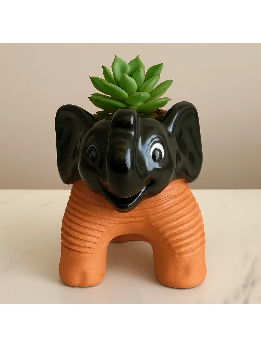 Handmade Terracotta Elephant Planter Pot – Black Glazed Head Folk Art Decor